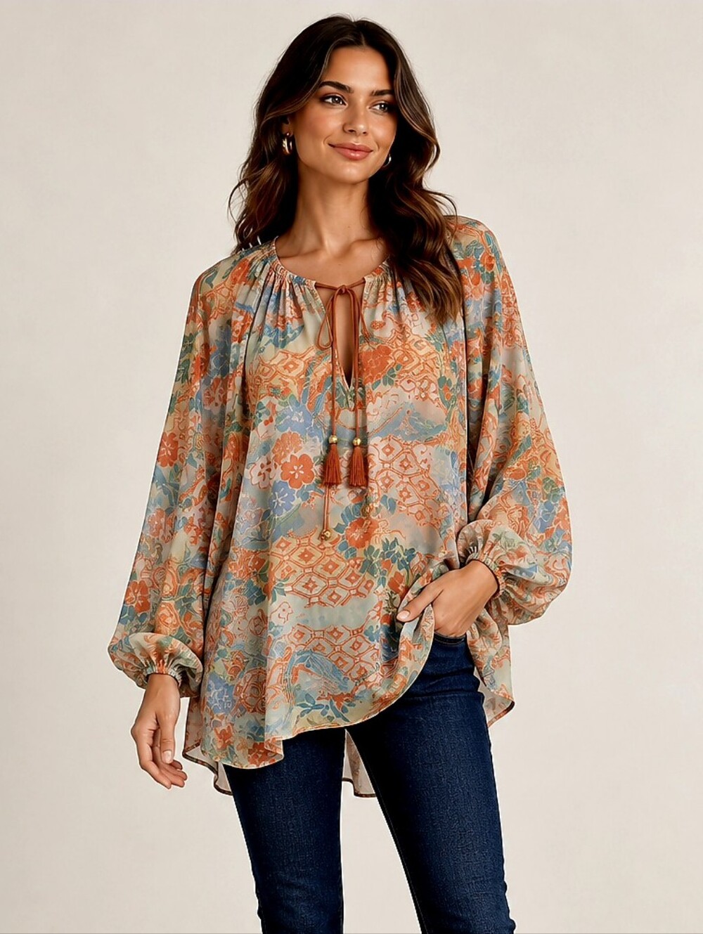 Elizabeth and James 100% Silk Floral Peasant Blouse Size M